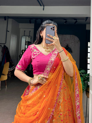 Orange Silk Lehenga Choli with Zari Work ClothsVilla