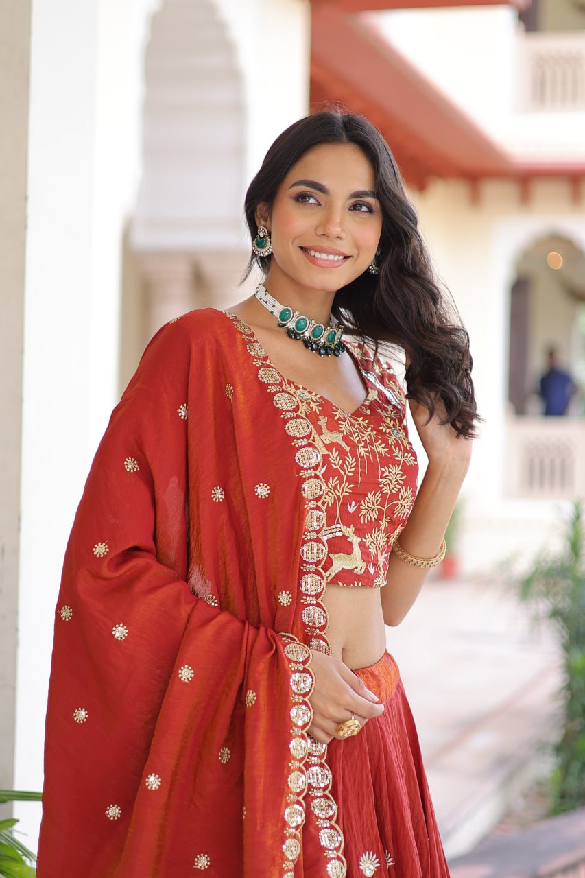 Orange Silk Sequins Lehenga Choli Set ClothsVilla