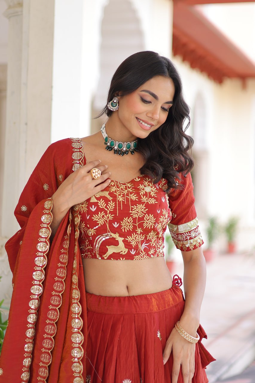 Orange Silk Sequins Lehenga Choli Set ClothsVilla
