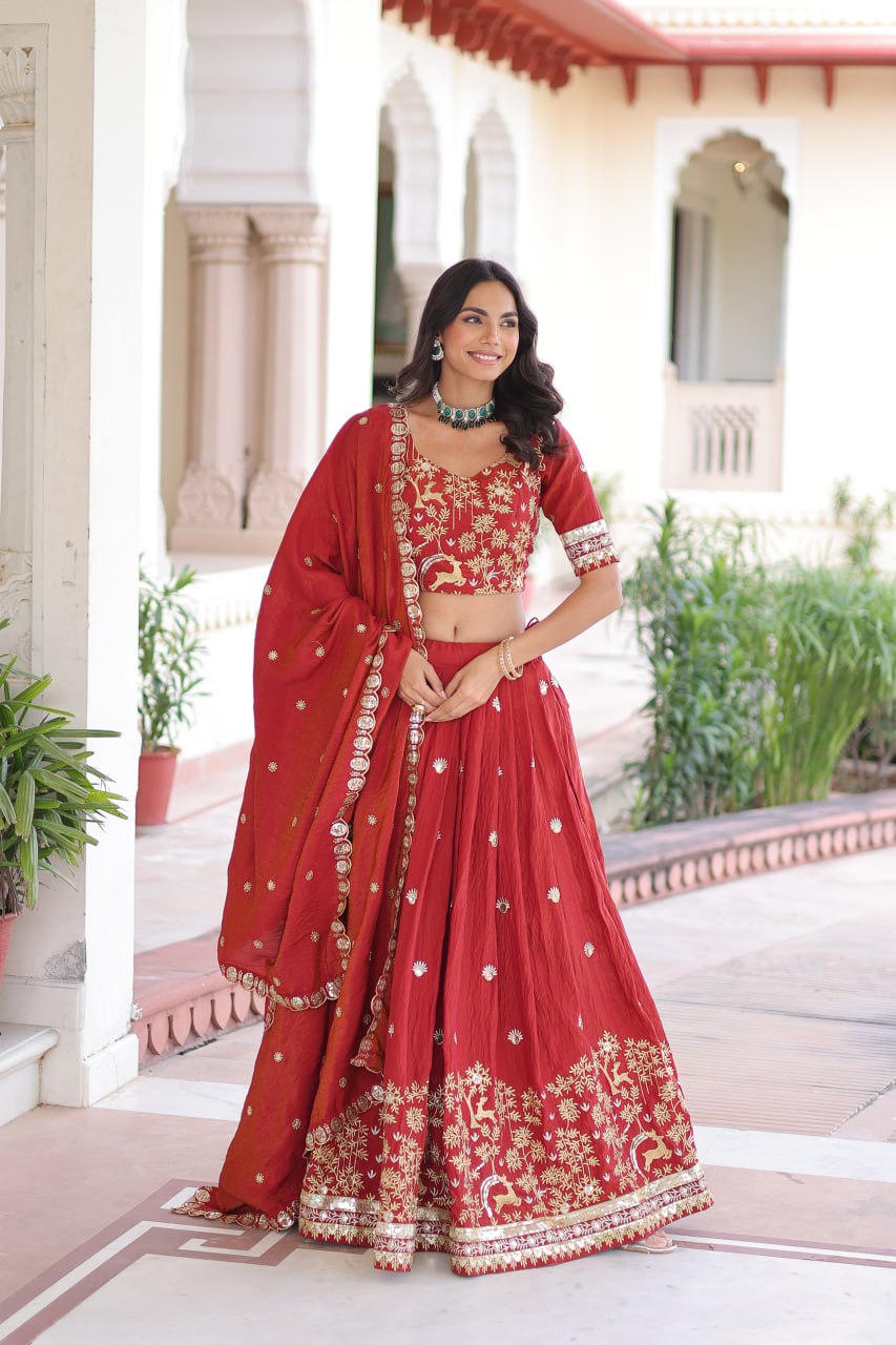 Orange Silk Sequins Lehenga Choli Set ClothsVilla