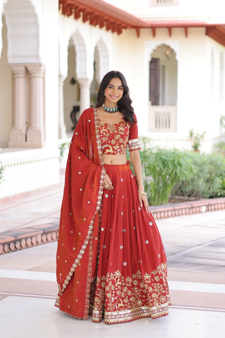 Orange Silk Sequins Lehenga Choli Set ClothsVilla