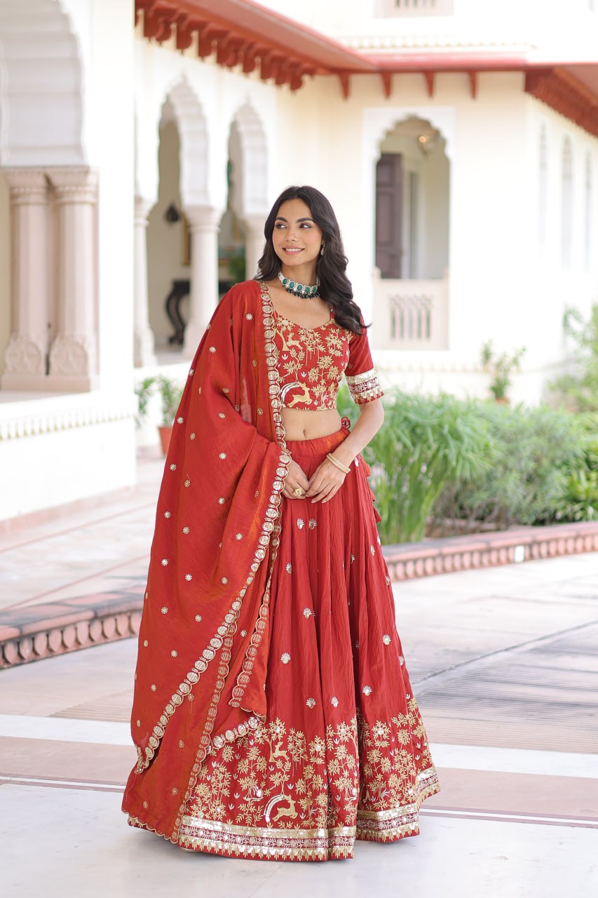 Orange Silk Sequins Lehenga Choli Set ClothsVilla