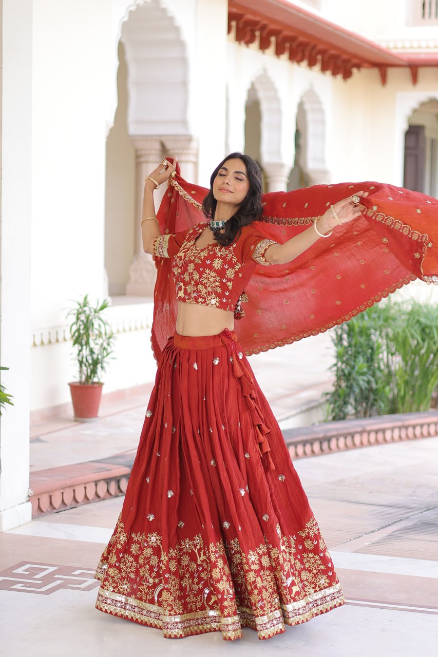 Orange Silk Sequins Lehenga Choli Set ClothsVilla