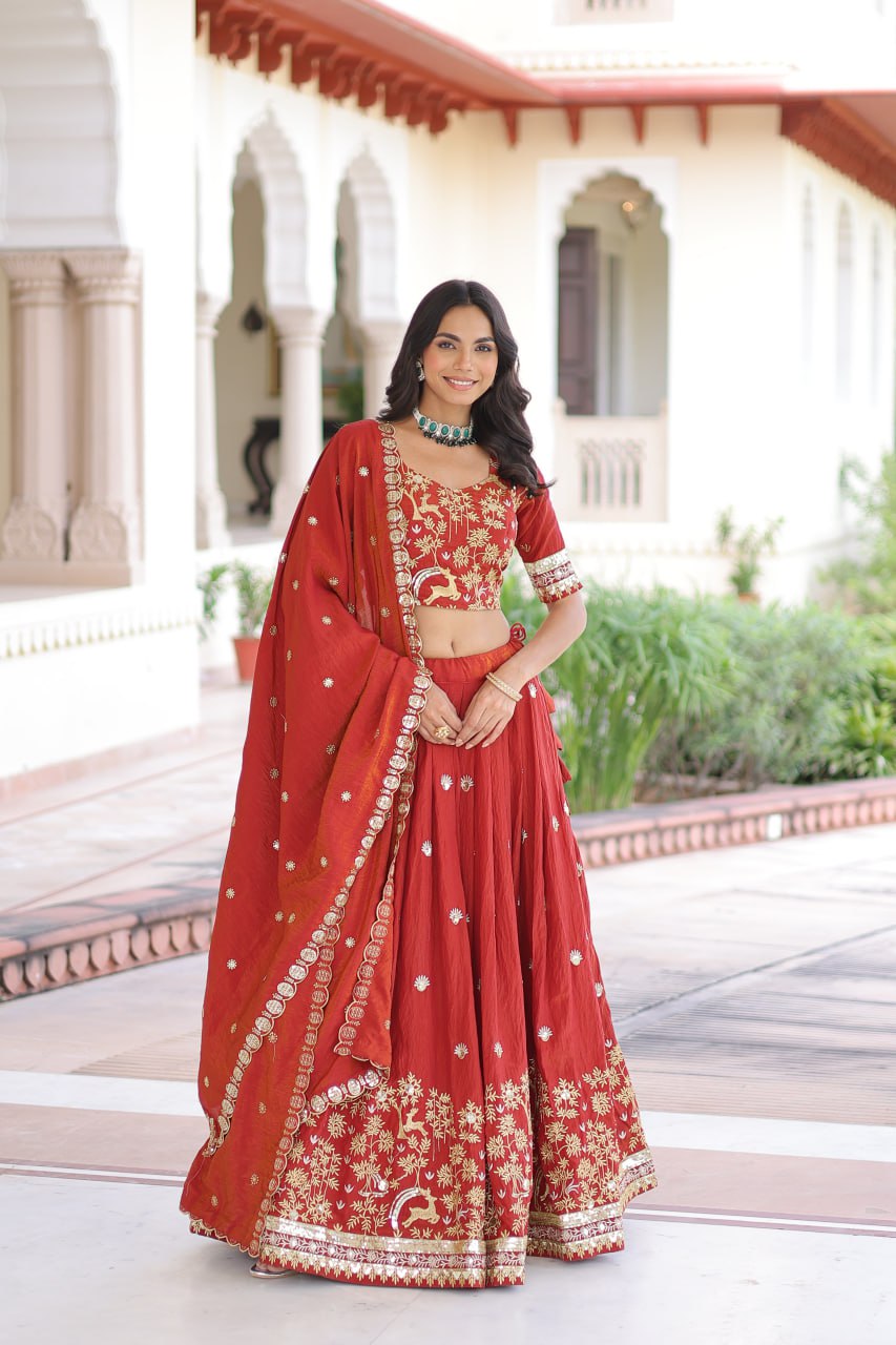 Orange Silk Sequins Lehenga Choli Set Secondary image