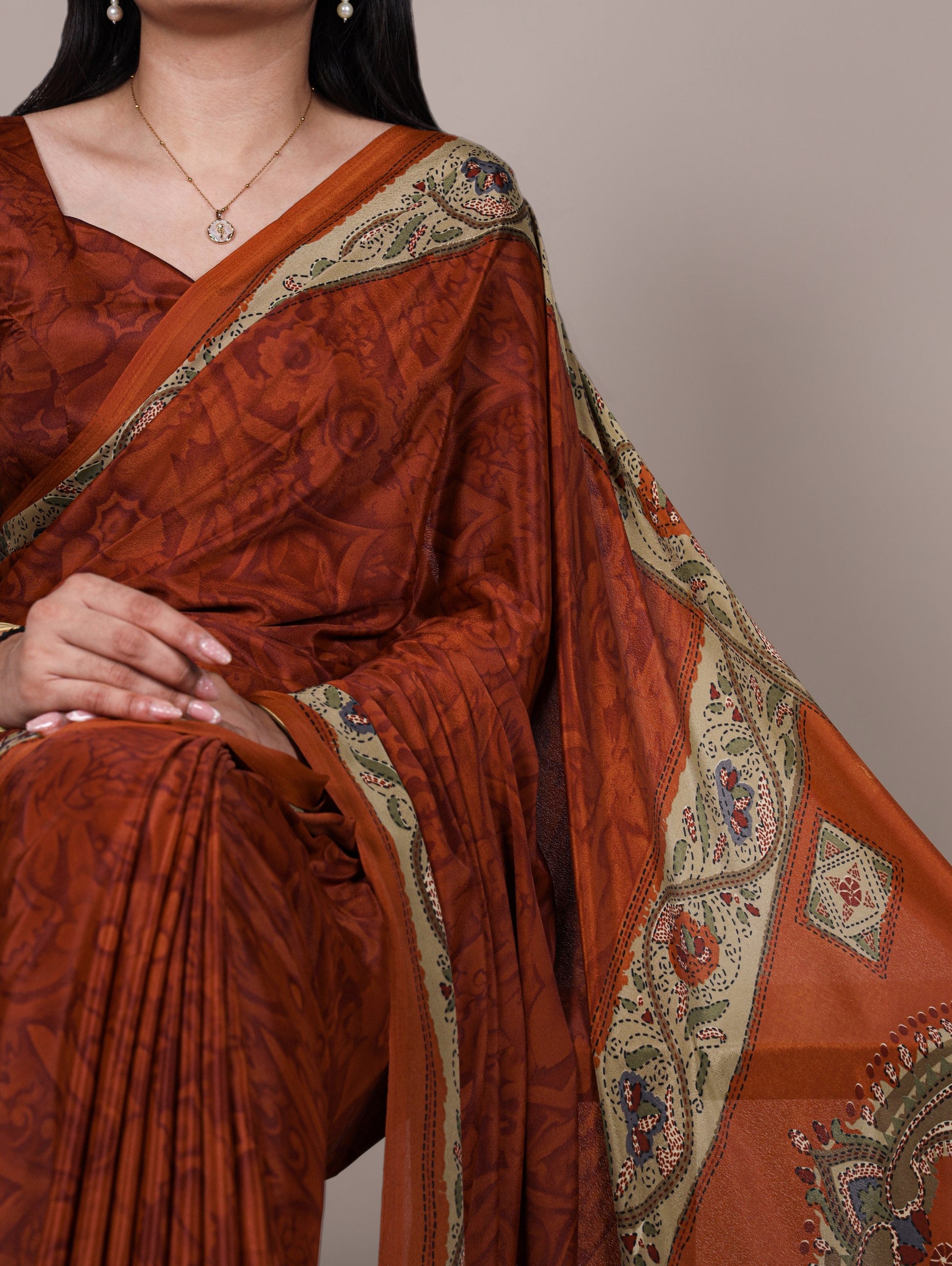 Orange Stylish Printed Crepe Saree with Matching Blouse Piece ClothsVilla