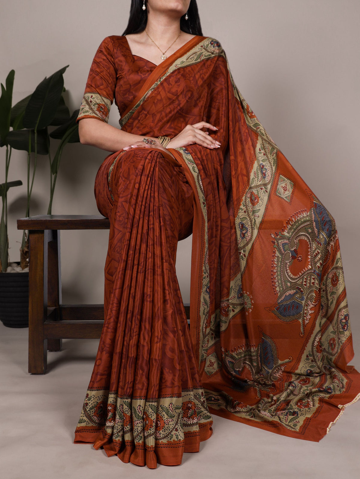 Orange Stylish Printed Crepe Saree with Matching Blouse Piece ClothsVilla Main image