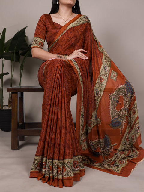 Orange Stylish Printed Crepe Saree with Matching Blouse Piece ClothsVilla Main image