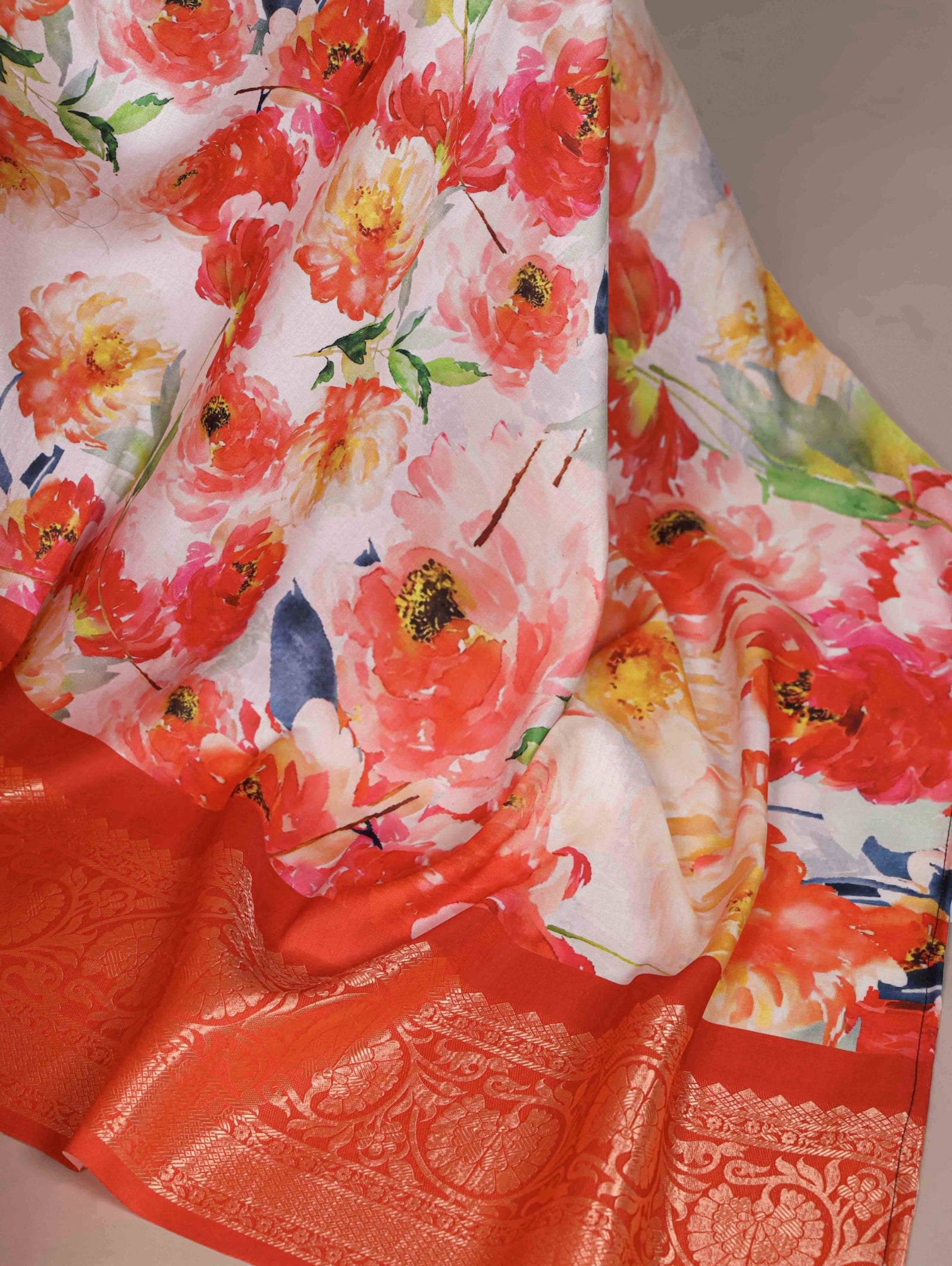 Orange Tasar Silk Printed Saree ClothsVilla