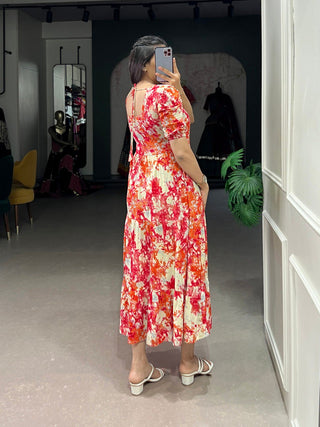Orange Three-Layered Ethnic Rayon Frock with Elegant Foil Print ClothsVilla