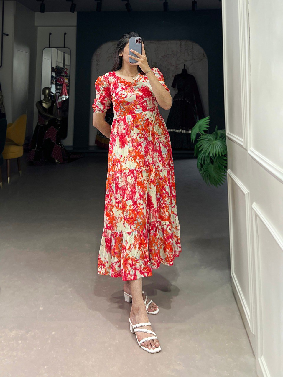 Orange Three-Layered Ethnic Rayon Frock with Elegant Foil Print ClothsVilla
