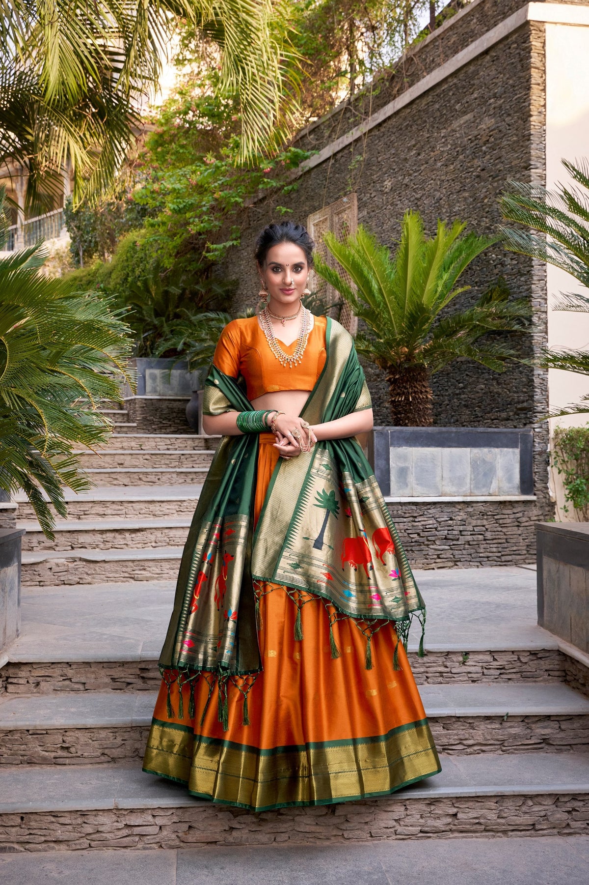 Orange Traditional Paithani Jacquard Silk Lehenga Set with Zari Weaving & Tassel Dupatta – Stitched ClothsVilla Main image