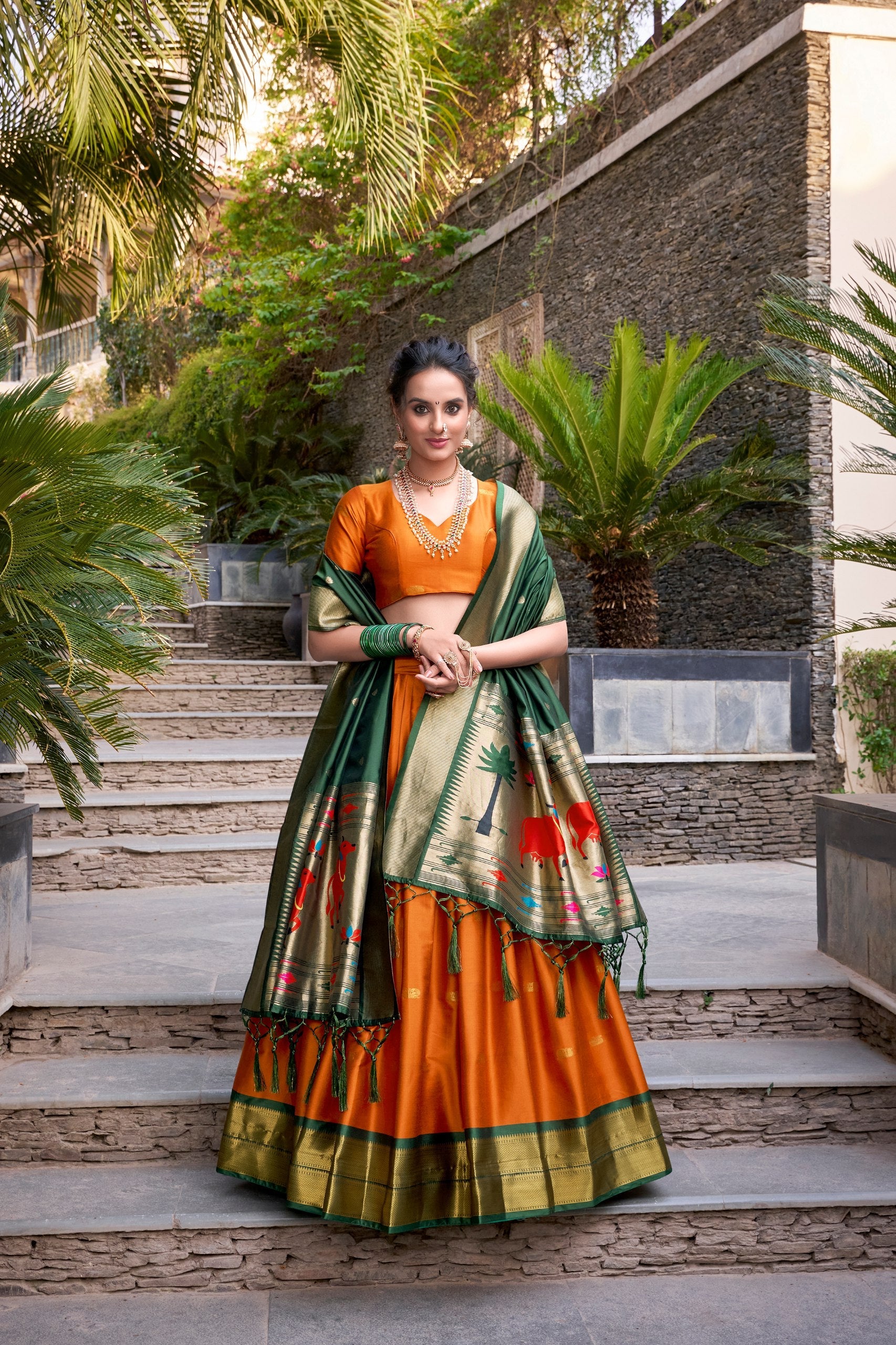 Orange Traditional Paithani Jacquard Silk Lehenga Set with Zari Weaving & Tassel Dupatta – Stitched ClothsVilla Main image