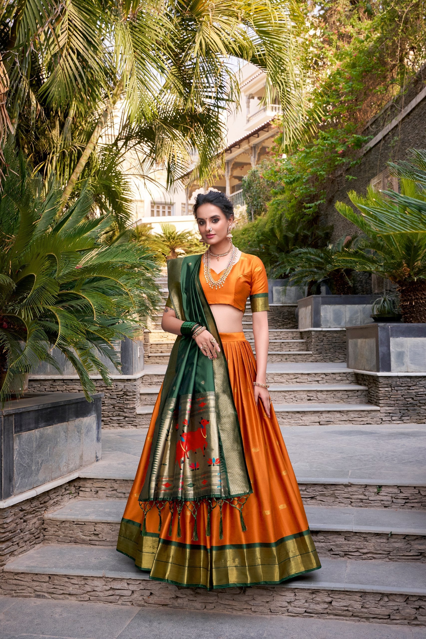 Orange Traditional Paithani Jacquard Silk Lehenga Set with Zari Weaving & Tassel Dupatta – Stitched Secondary image