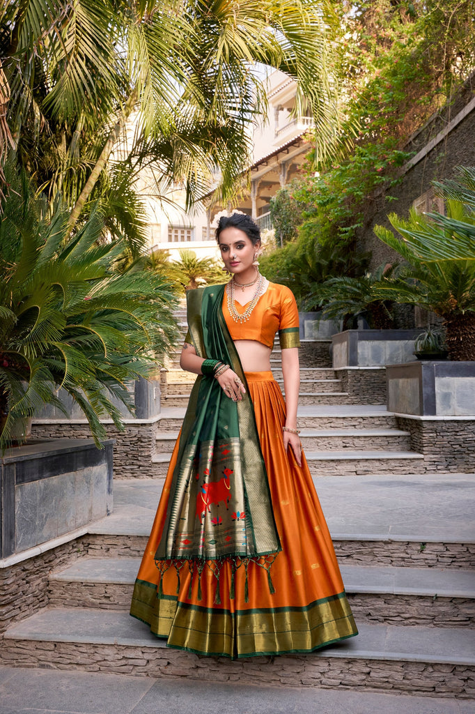 Orange Traditional Paithani Jacquard Silk Lehenga Set with Zari Weaving & Tassel Dupatta – Stitched ClothsVilla