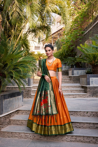 Orange Traditional Paithani Jacquard Silk Lehenga Set with Zari Weaving & Tassel Dupatta – Stitched ClothsVilla