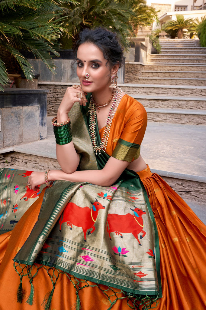 Orange Traditional Paithani Jacquard Silk Lehenga Set with Zari Weaving & Tassel Dupatta – Stitched ClothsVilla