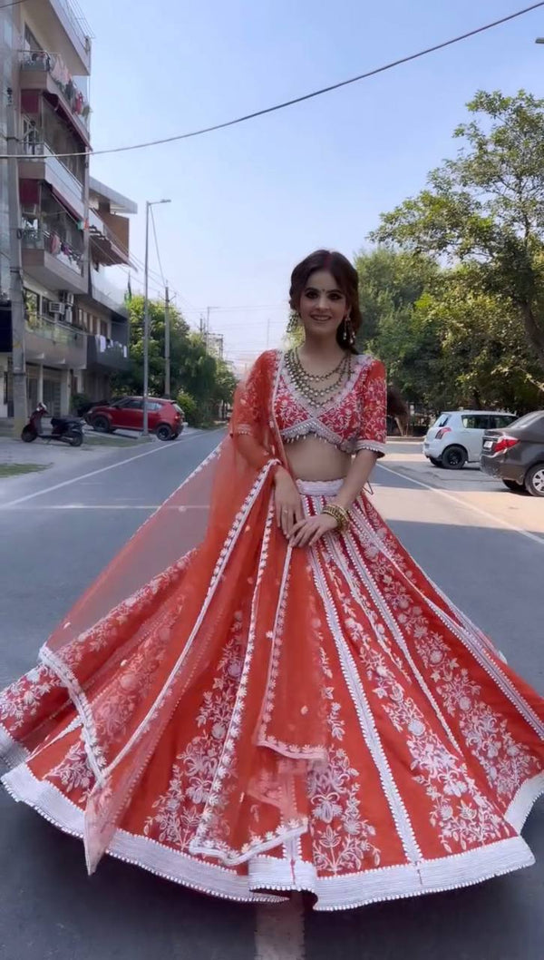 Orange Vibrant Elegance – Mulmul Silk Rainbow Sequin Lehenga Set ClothsVilla