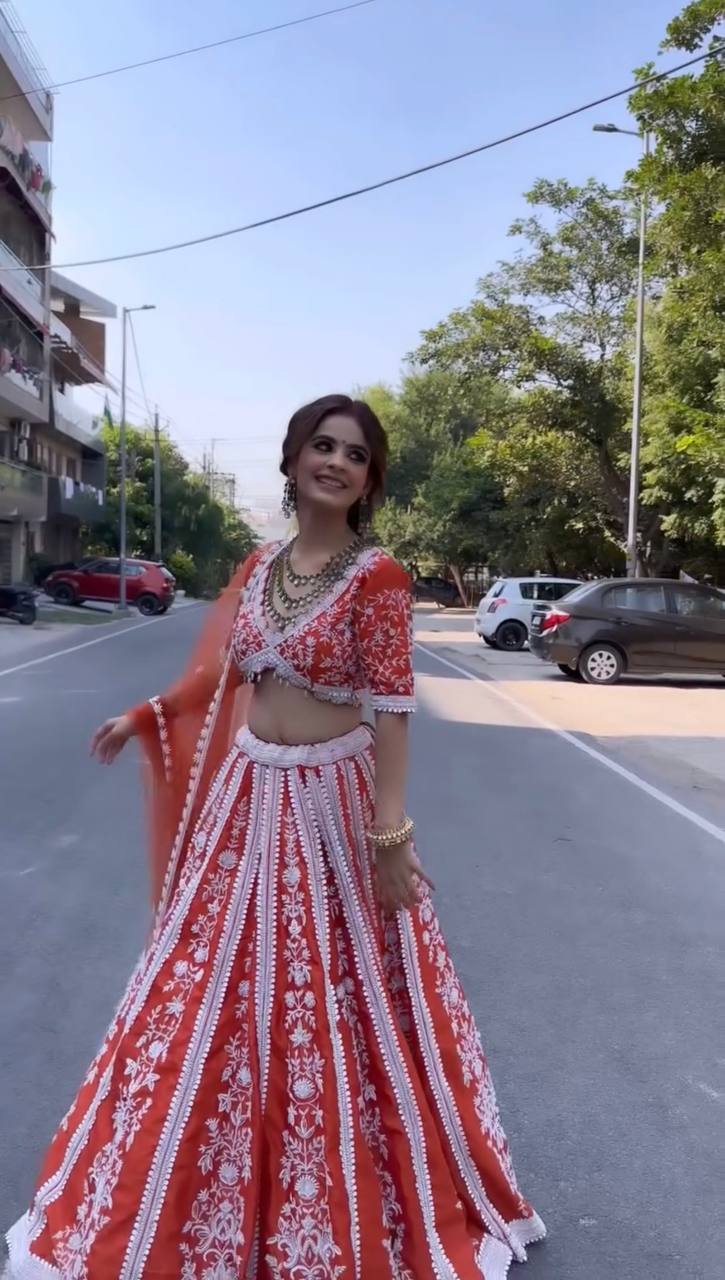 Orange Vibrant Elegance – Mulmul Silk Rainbow Sequin Lehenga Set Secondary image