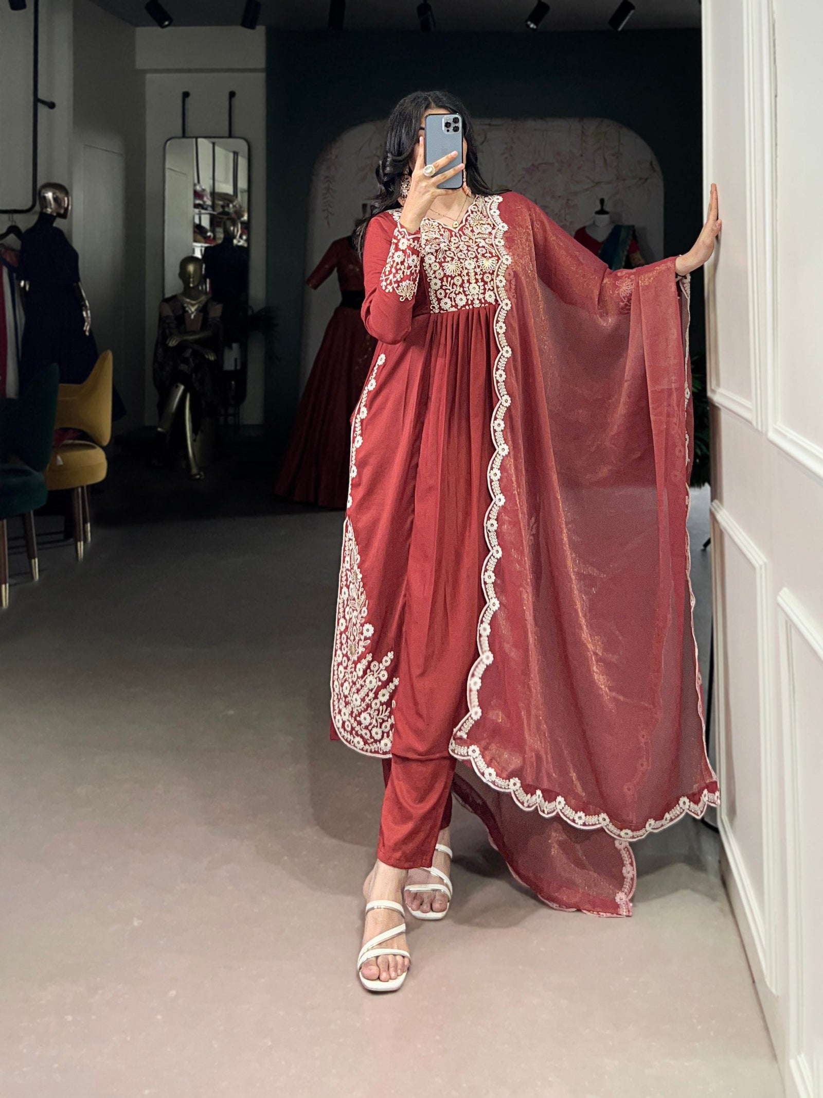 Orange Viscose Tissue Handworked Kurti Set with Organza Dupatta ClothsVilla