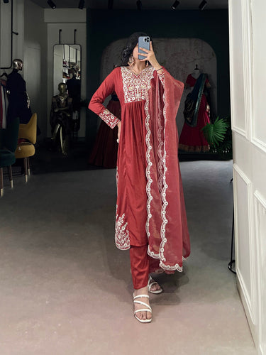 Orange Viscose Tissue Handworked Kurti Set with Organza Dupatta ClothsVilla