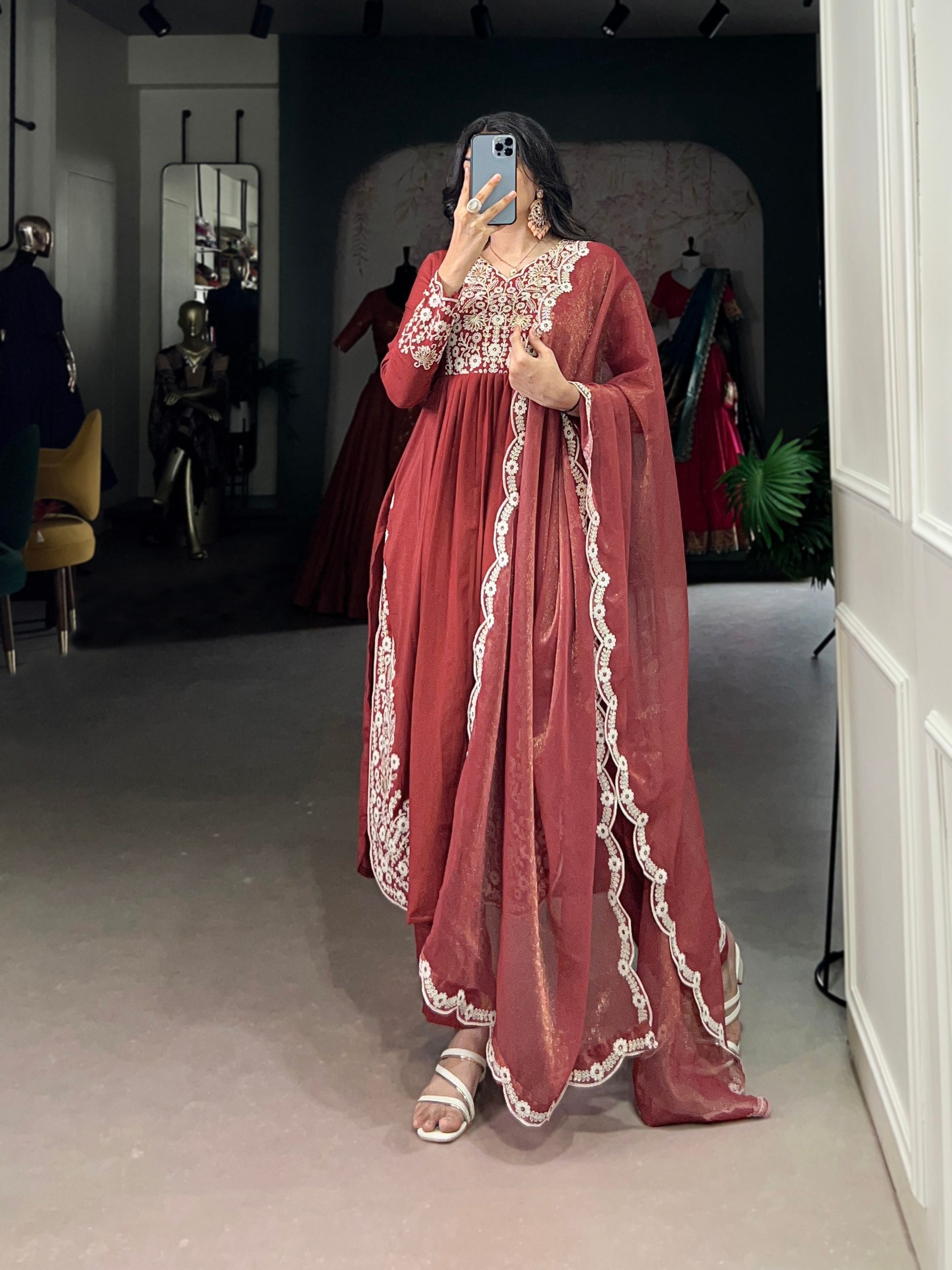 Orange Viscose Tissue Handworked Kurti Set with Organza Dupatta Secondary image