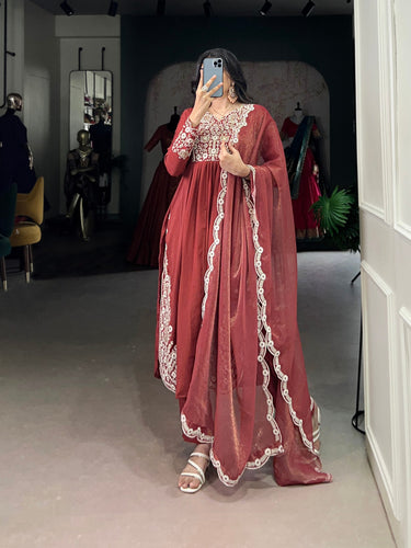 Orange Viscose Tissue Handworked Kurti Set with Organza Dupatta ClothsVilla