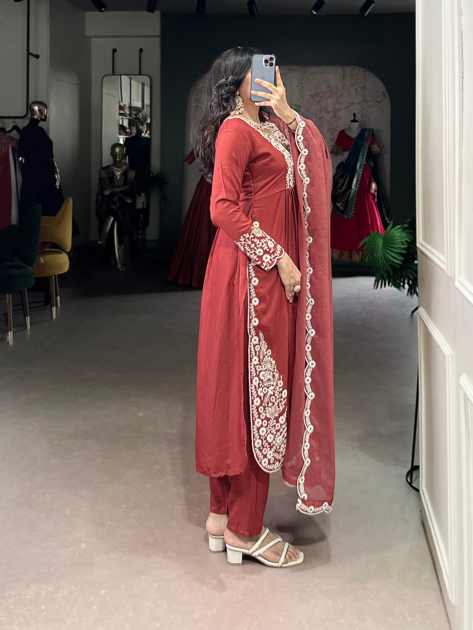 Orange Viscose Tissue Handworked Kurti Set with Organza Dupatta ClothsVilla