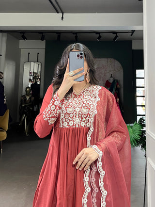 Orange Viscose Tissue Handworked Kurti Set with Organza Dupatta ClothsVilla