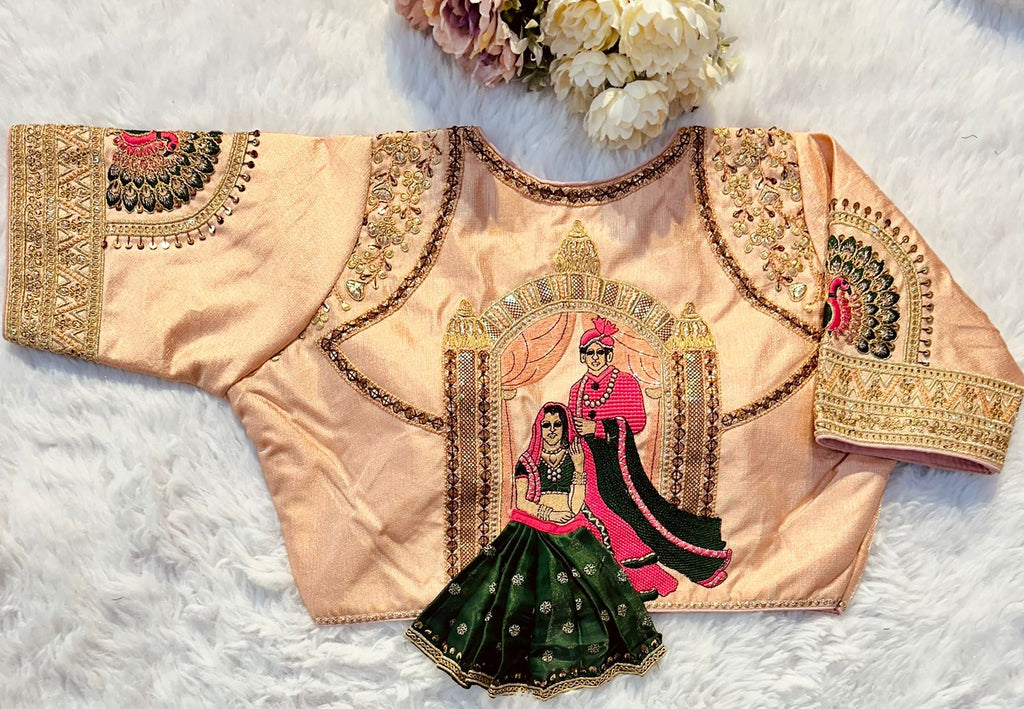 Orange Wedding Wear Blouse in Raspberry Silk with Exquisite Embroidery and Sequins ClothsVilla