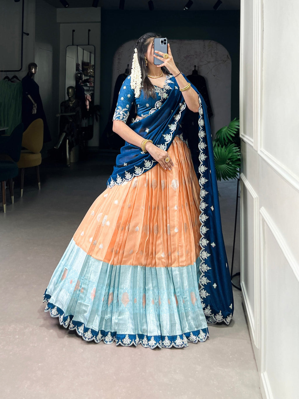 Orange Zari Kota Embroidered Lehenga Set with Vichitra Silk Dupatta – Sequins & Thread Work, Unstitched Blouse Clothsvilla