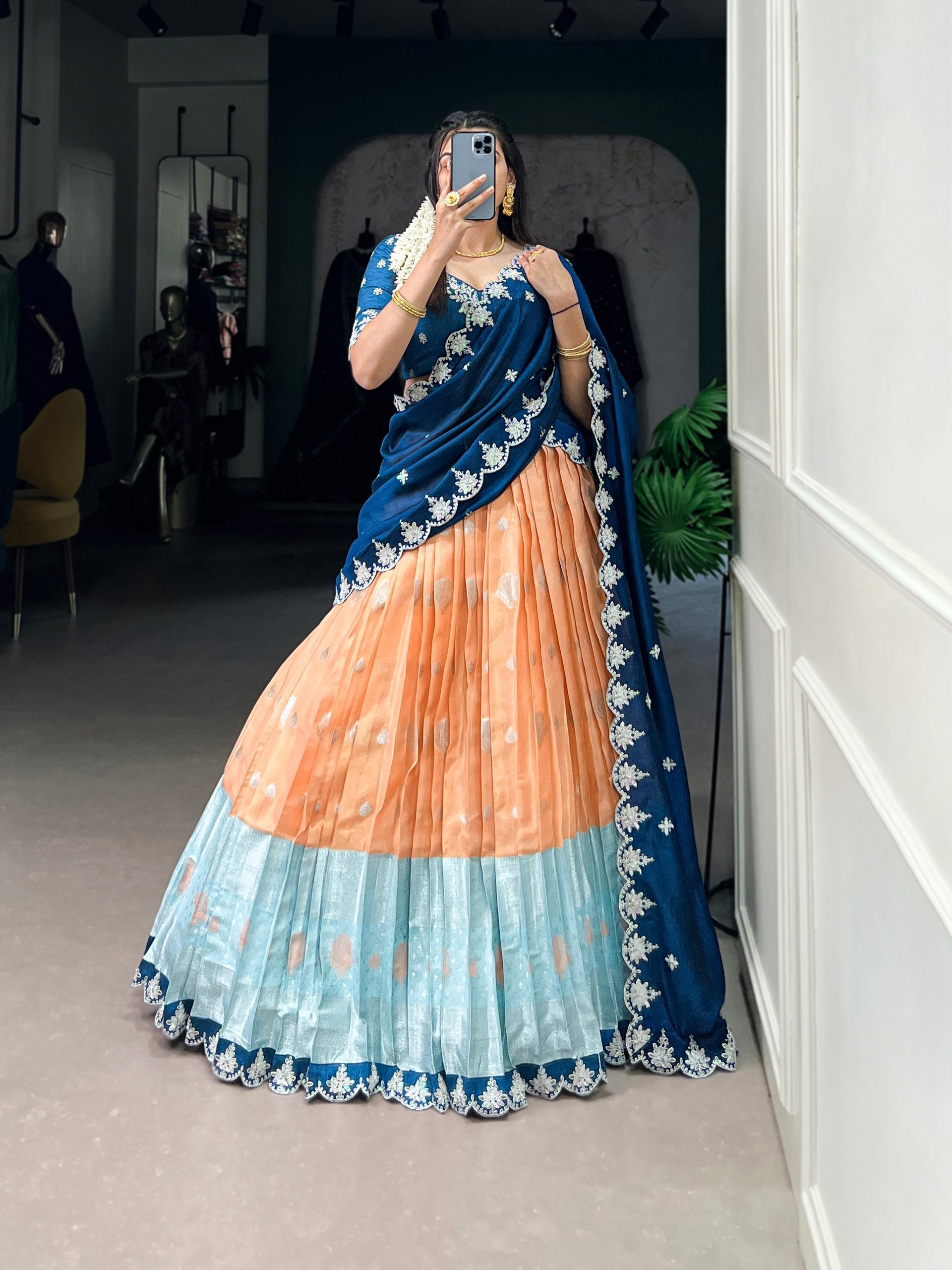 Orange Zari Kota Embroidered Lehenga Set with Vichitra Silk Dupatta – Sequins & Thread Work, Unstitched Blouse Secondary image