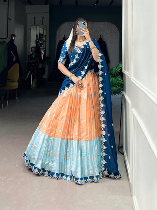 Orange Zari Kota Embroidered Lehenga Set with Vichitra Silk Dupatta – Sequins & Thread Work, Unstitched Blouse Clothsvilla