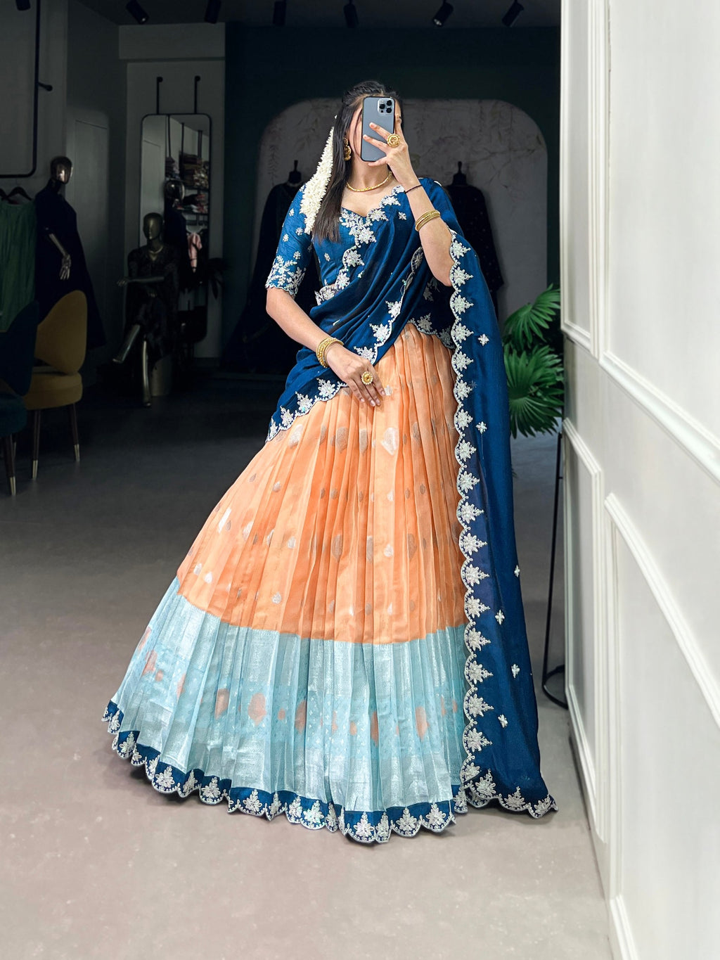 Orange Zari Kota Embroidered Lehenga Set with Vichitra Silk Dupatta – Sequins & Thread Work, Unstitched Blouse Clothsvilla