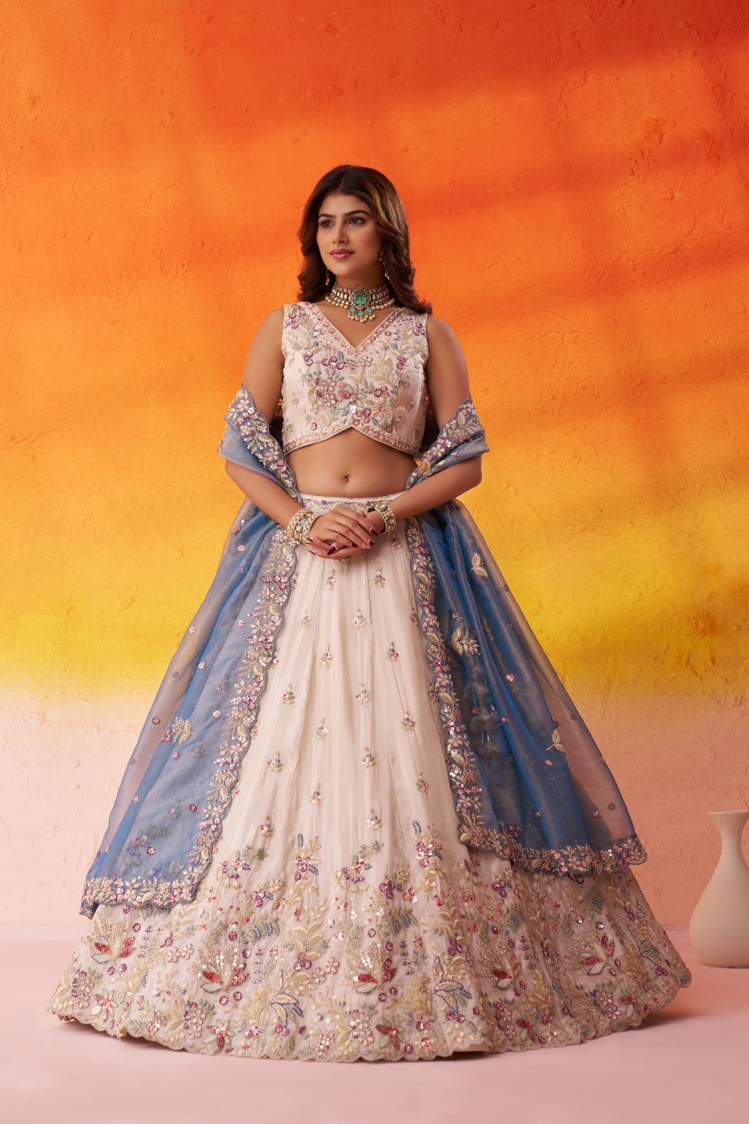 Tissue Sequins Thread & Embroidered Semi-Stitched Lehenga & Unstitched Blouse With Dupatta Clothsvilla