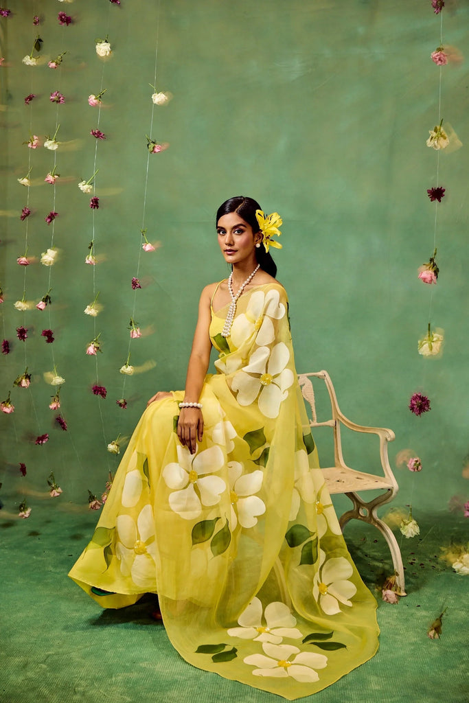 Bright Yellow Pure Organza Saree with Oversized Hand-Painted White Flowers & Sequin Detailing | Satin Blouse Included FANCY SAREES
