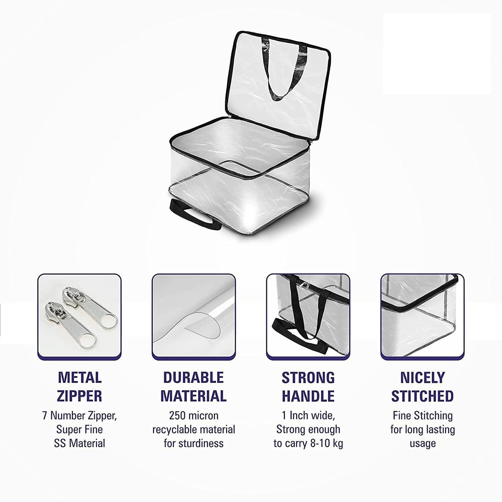 Pack of 6 - Transparent Storage Bag with Zipper for Sarees, Clothes, Lehenga, Bedsheets & Toys | Foldable PVC Wardrobe Organizer Box – 40x32x22 cm ClothsVilla