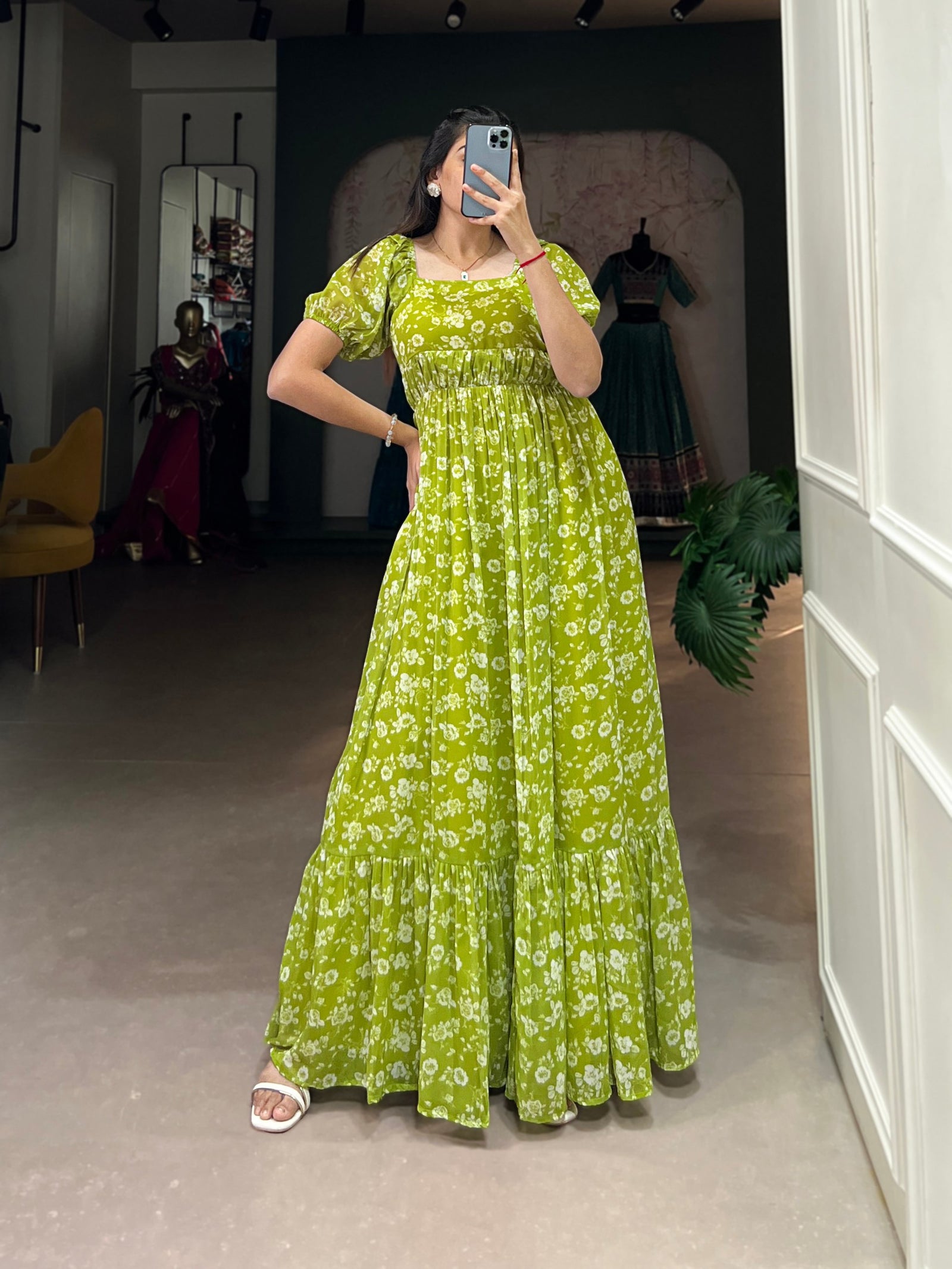 Parrot Color Floral Printed Georgette Gown – Elegant and Timeless Charm