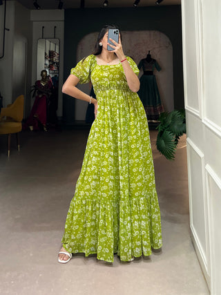 Parrot Color Floral Printed Georgette Gown – Elegant and Timeless Charm