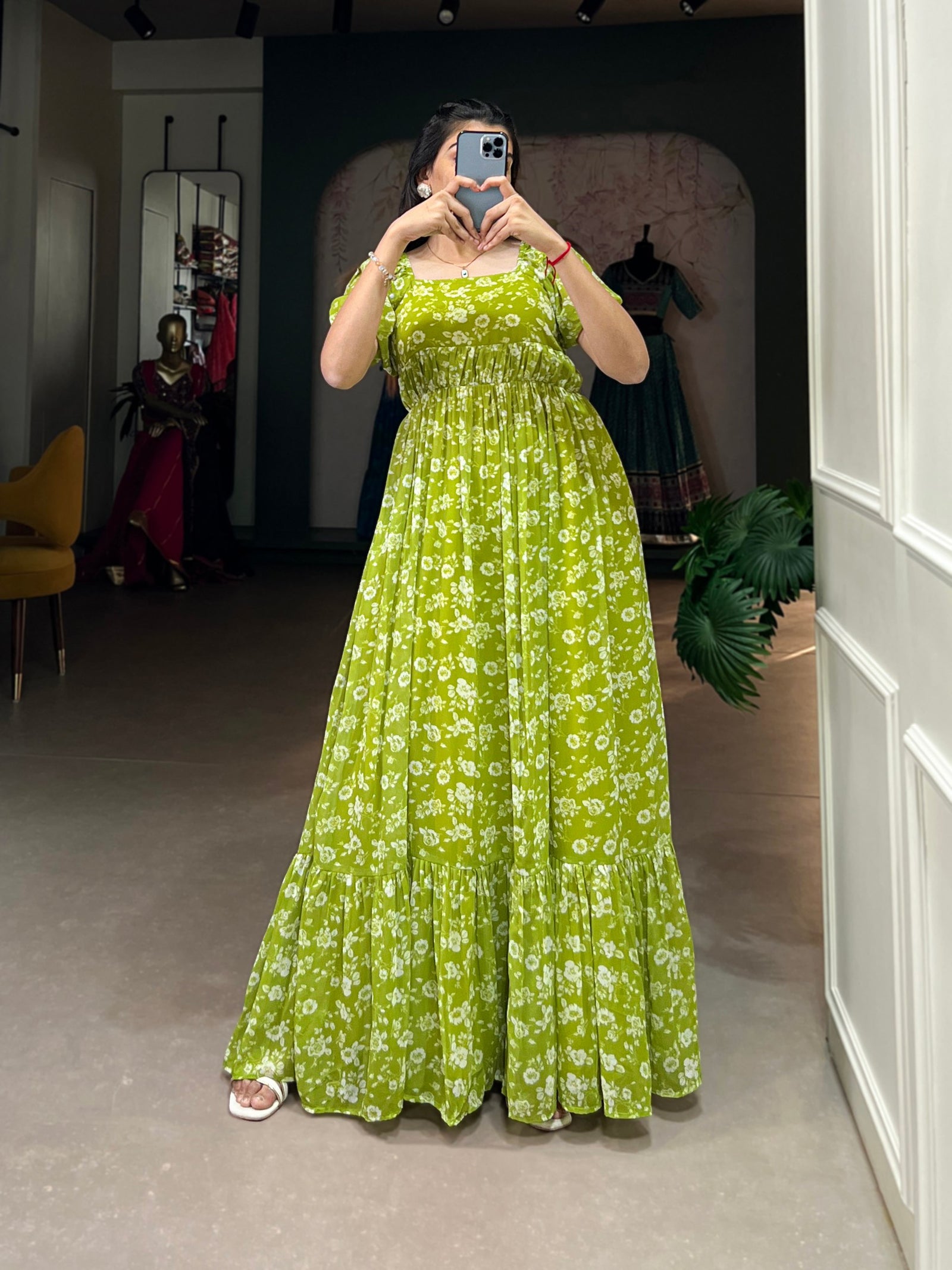 Parrot Color Floral Printed Georgette Gown – Elegant and Timeless Charm