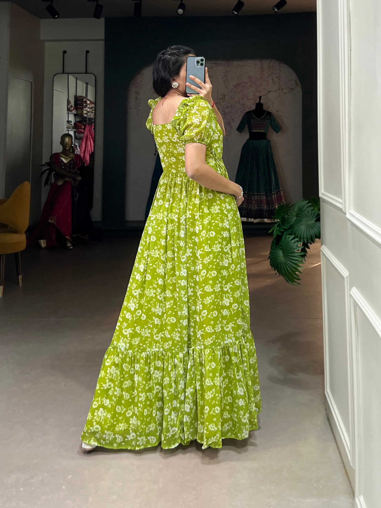 Parrot Color Floral Printed Georgette Gown – Elegant and Timeless Charm