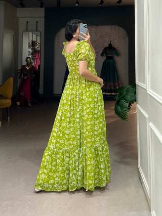 Parrot Color Floral Printed Georgette Gown – Elegant and Timeless Charm