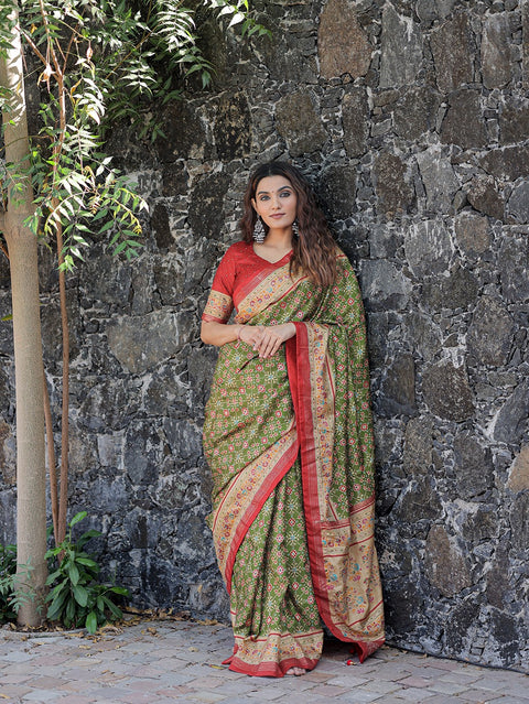 Parrot Color Foil Printed And Stone Work Dola Silk Saree Clothsvilla Main image