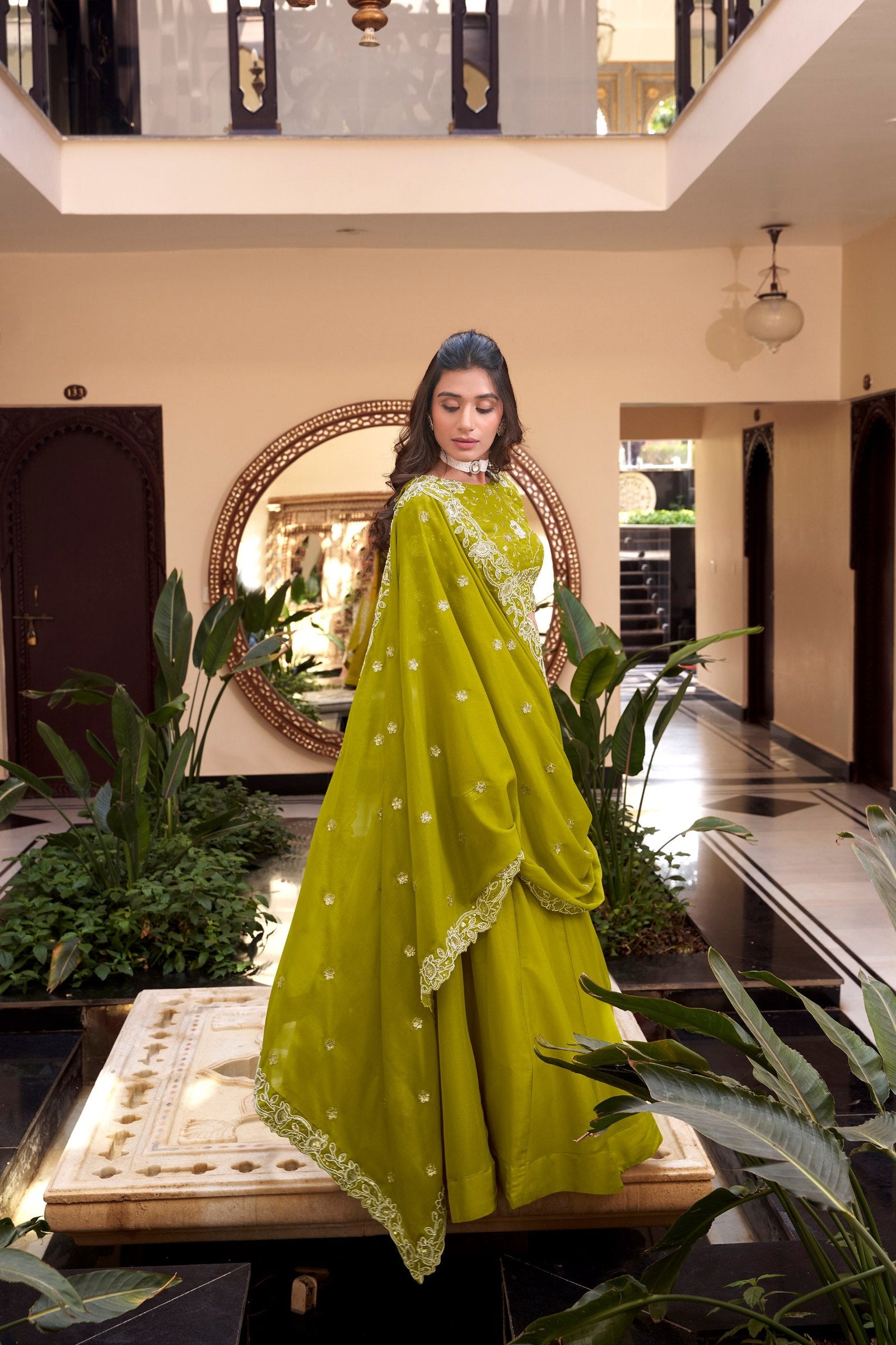 Parrot Designer Embellished Lehenga Set in Vichitra Silk, Weone Silk, Star Georgette & New Crush Clothsvilla