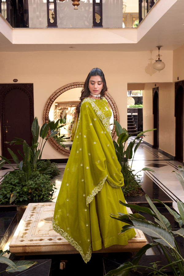 Parrot Designer Embellished Lehenga Set in Vichitra Silk, Weone Silk, Star Georgette & New Crush Clothsvilla