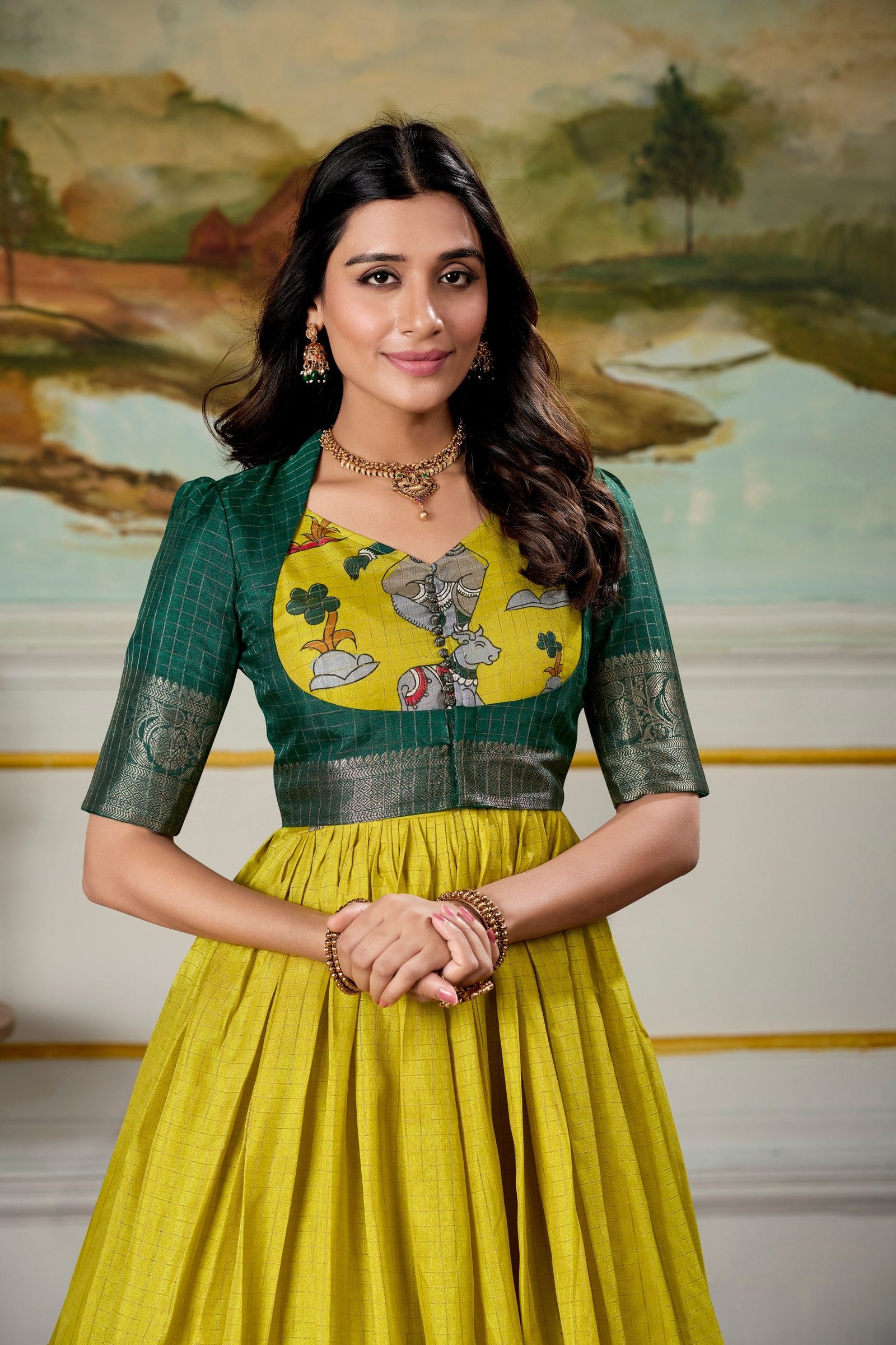 Parrot Elegant Dola Silk Kalamkari Print Gown with Zari Weaving Koti ClothsVilla