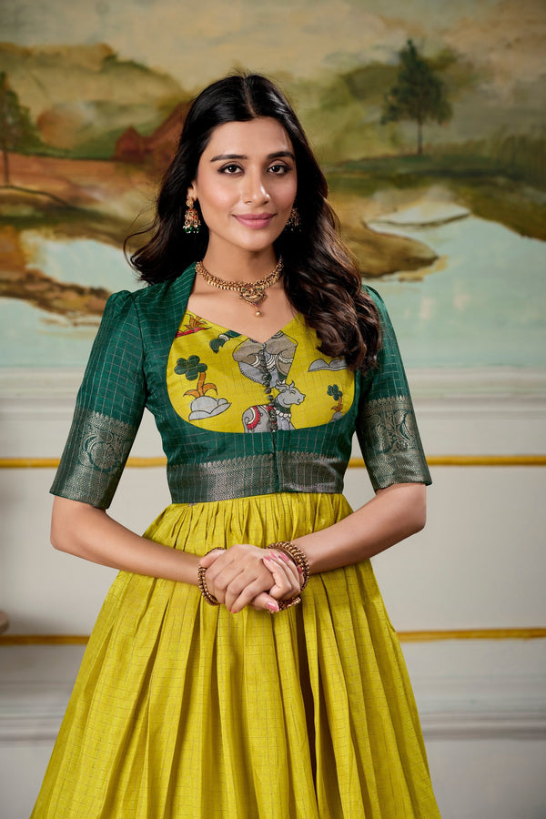 Parrot Elegant Dola Silk Kalamkari Print Gown with Zari Weaving Koti ClothsVilla