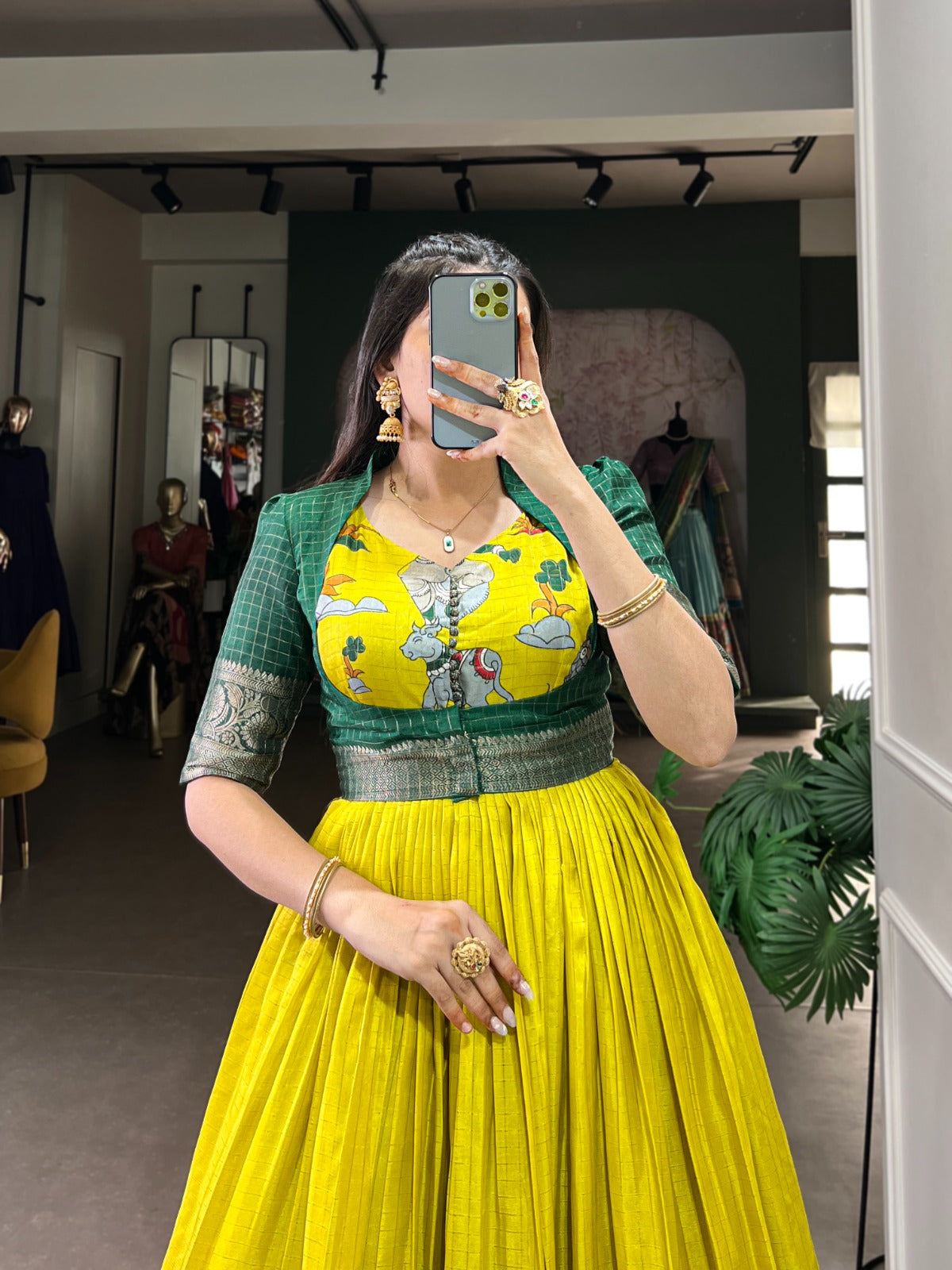 Parrot Elegant Dola Silk Kalamkari Print Gown with Zari Weaving Koti ClothsVilla