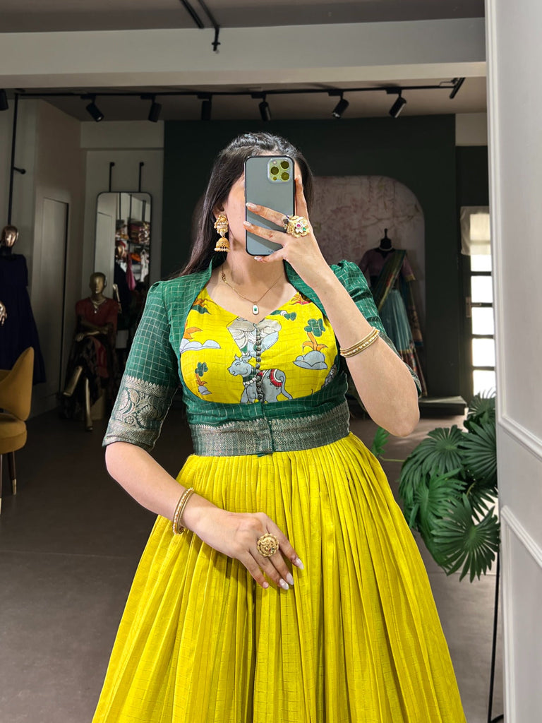 Parrot Elegant Dola Silk Kalamkari Print Gown with Zari Weaving Koti ClothsVilla