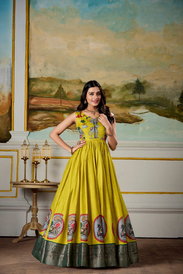 Parrot Elegant Dola Silk Kalamkari Print Gown with Zari Weaving Koti ClothsVilla