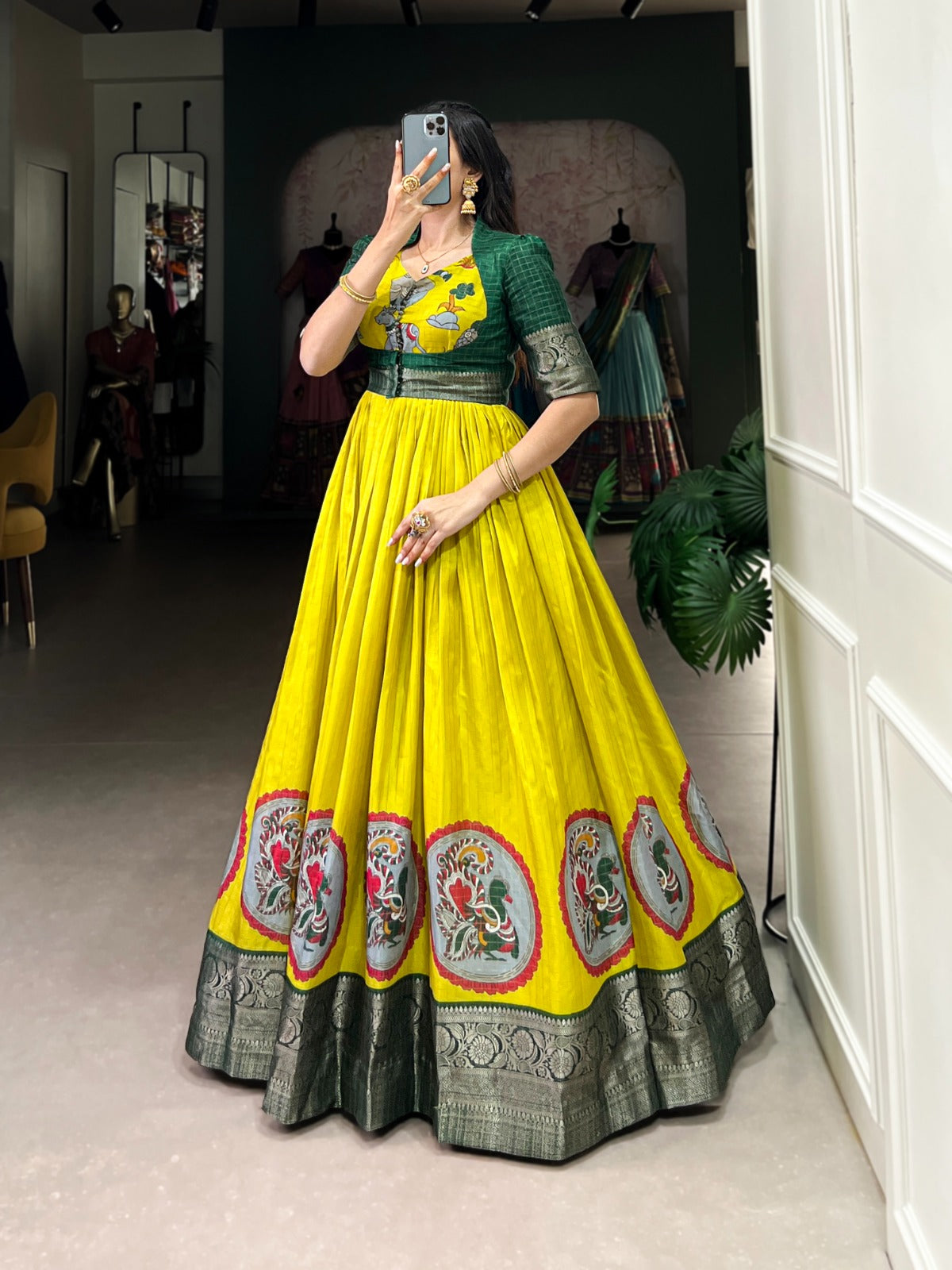 Parrot Elegant Dola Silk Kalamkari Print Gown with Zari Weaving Koti ClothsVilla